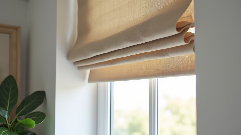 Close-up view of tailored box pleat valance in a modern kitchen window