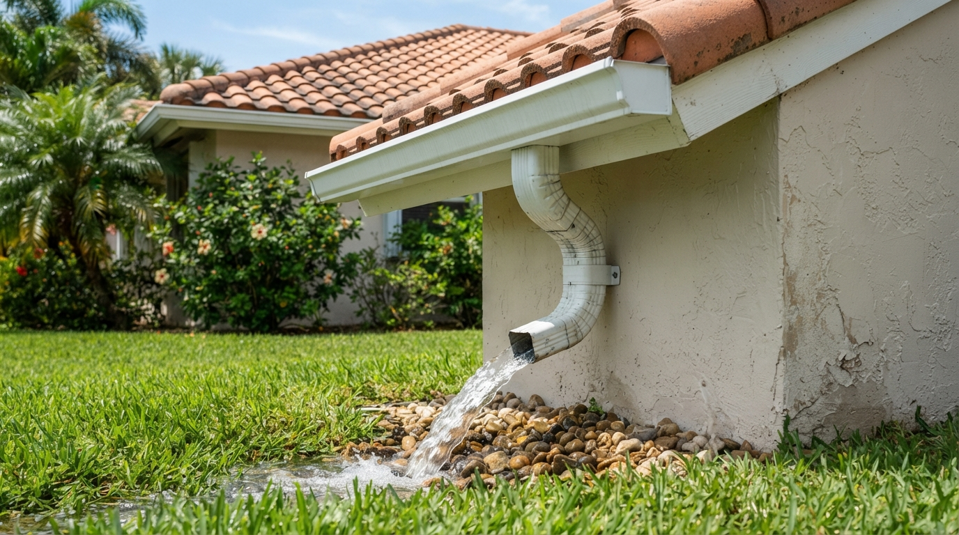Water running freely from a clear downspout after gutter cleaning