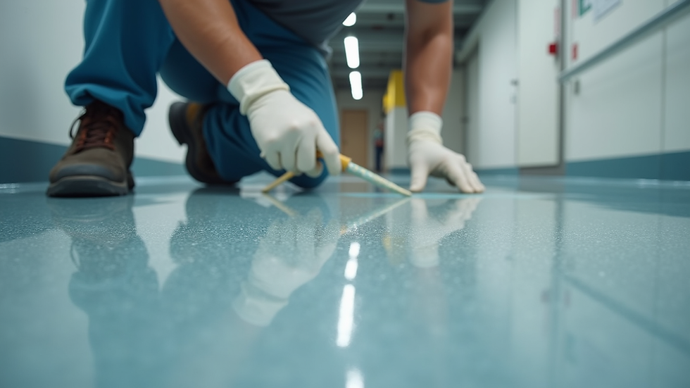 Eye-level view of epoxy flooring being applied in a commercial building