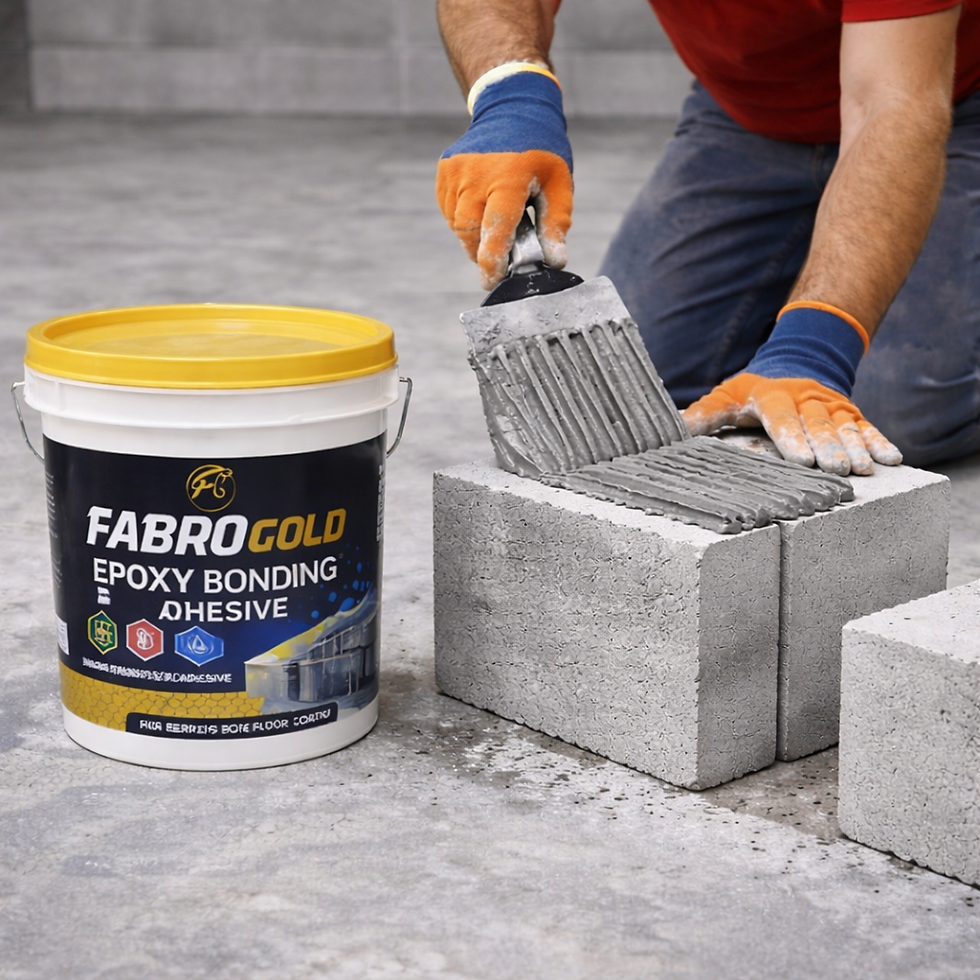 Close-up view of a worker applying Fabrogold waterproofing chemical on a concrete wall