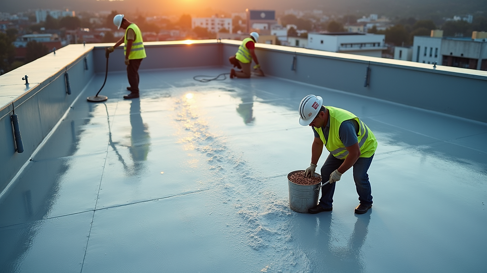 High angle view of construction workers applying waterproofing chemicals on a rooftop