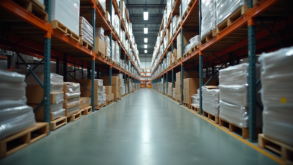 Eye-level view of warehouse shelves stocked with waterproofing materials