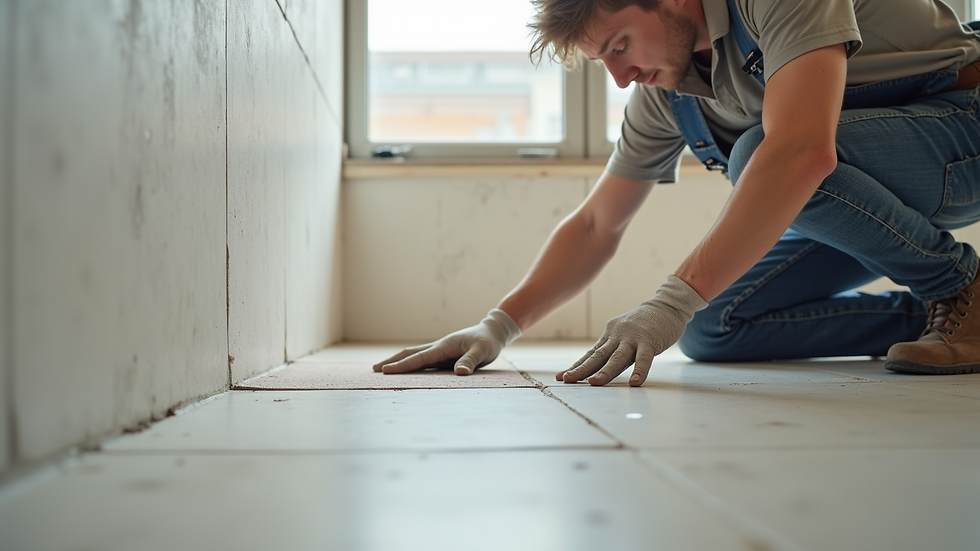 Eye-level view of construction worker applying tile adhesive on wall