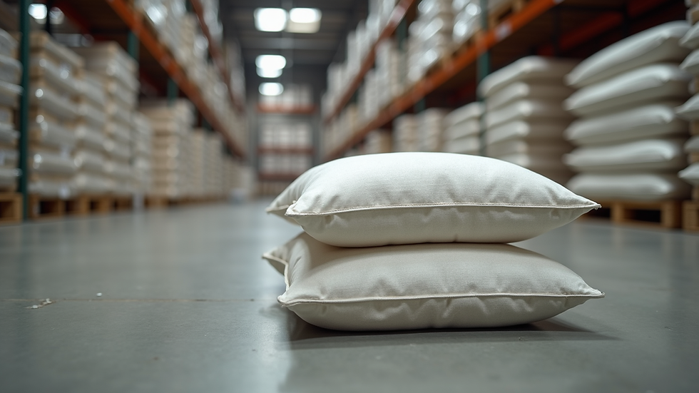 Eye-level view of stacked bags of tile adhesive in a warehouse