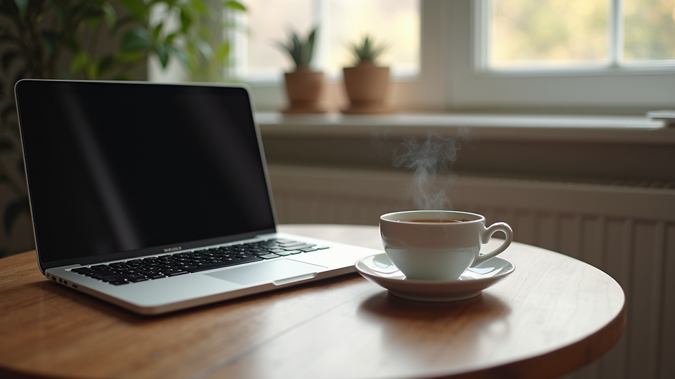Wide angle view of a cozy, minimal workspace with a laptop and a cup of tea