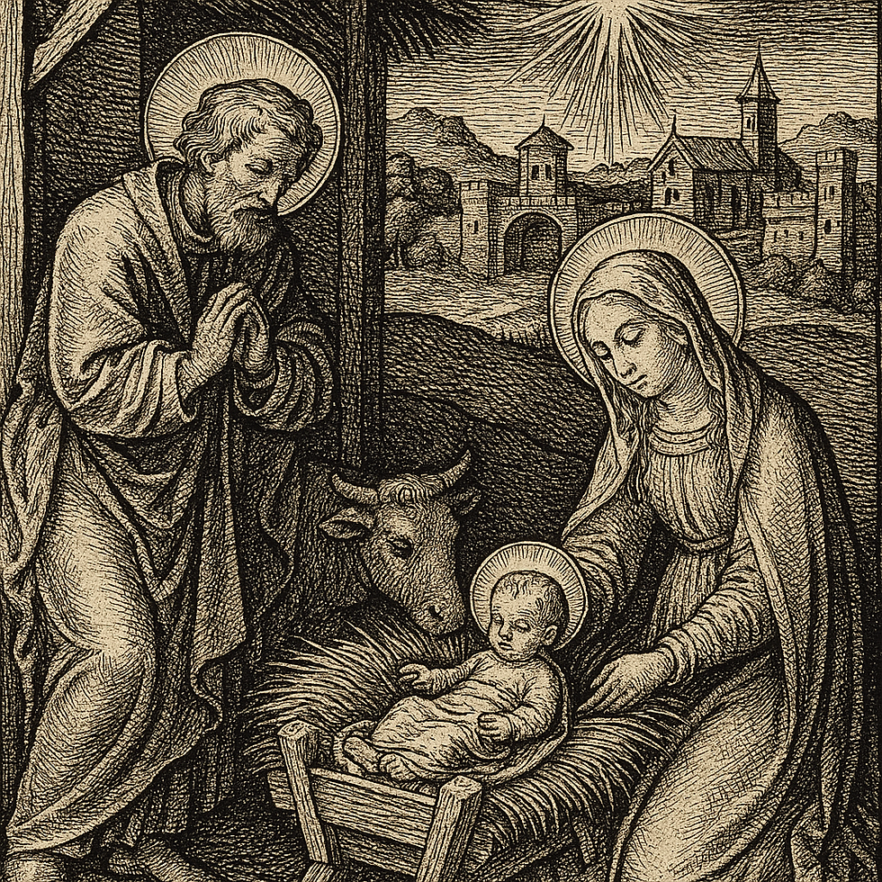 Historischer Holzschnitt im Stil der Reformationszeit mit der Geburt Jesu in Bethlehem, Maria und Josef an der Krippe, als christliches Zentrum von Weihnachten