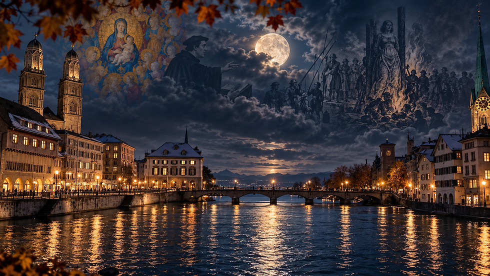 Halloween in Zürich bei Nacht mit Limmat, Grossmünster, Fraumünster, Vollmond und historischen Motiven zu Allerheiligen, Reformation und Hexenverfolgung