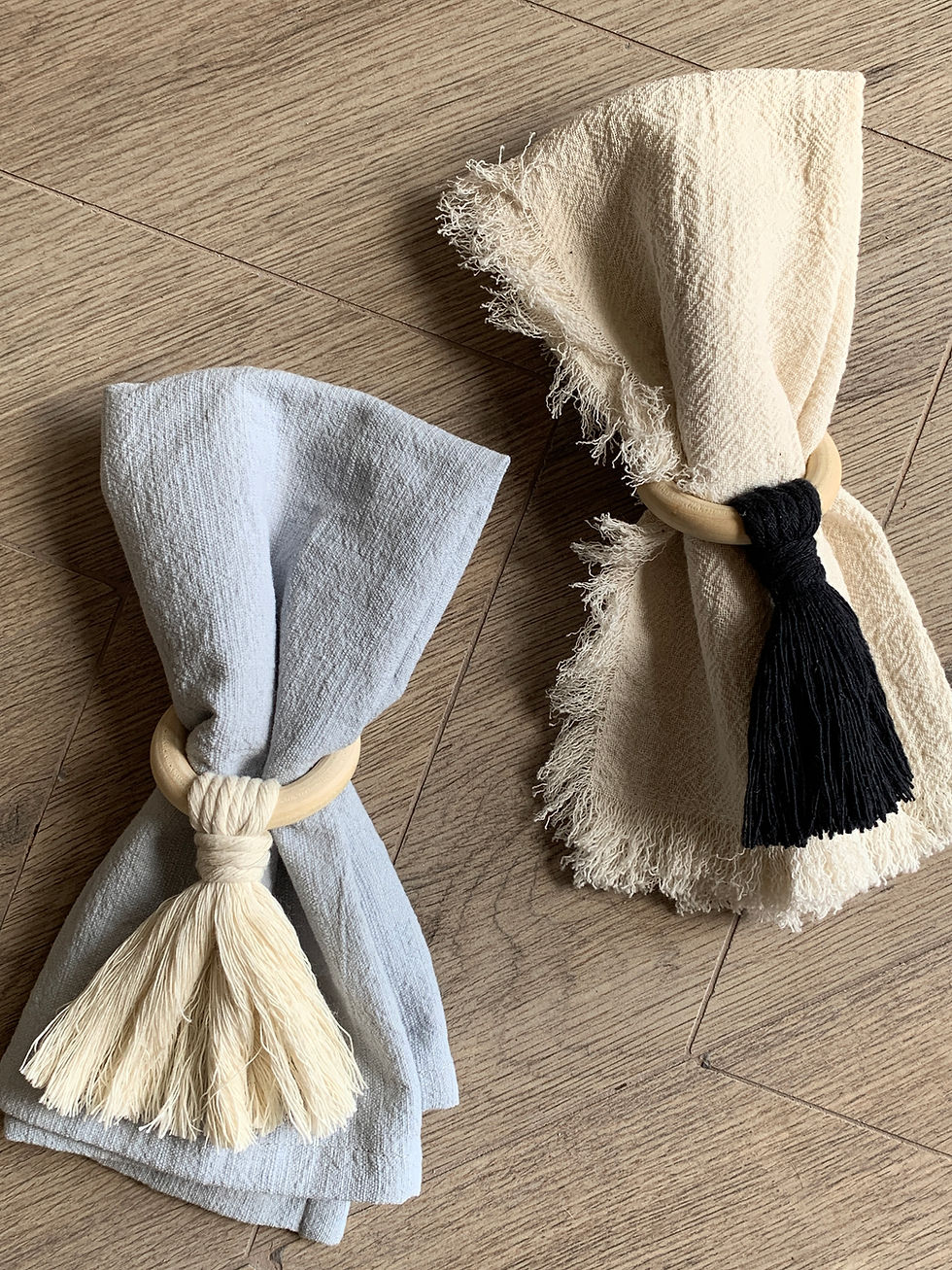 Miniatura: Accesorio de macramé NEGRO con aro de madera para servilleta de tela, 4 pzs