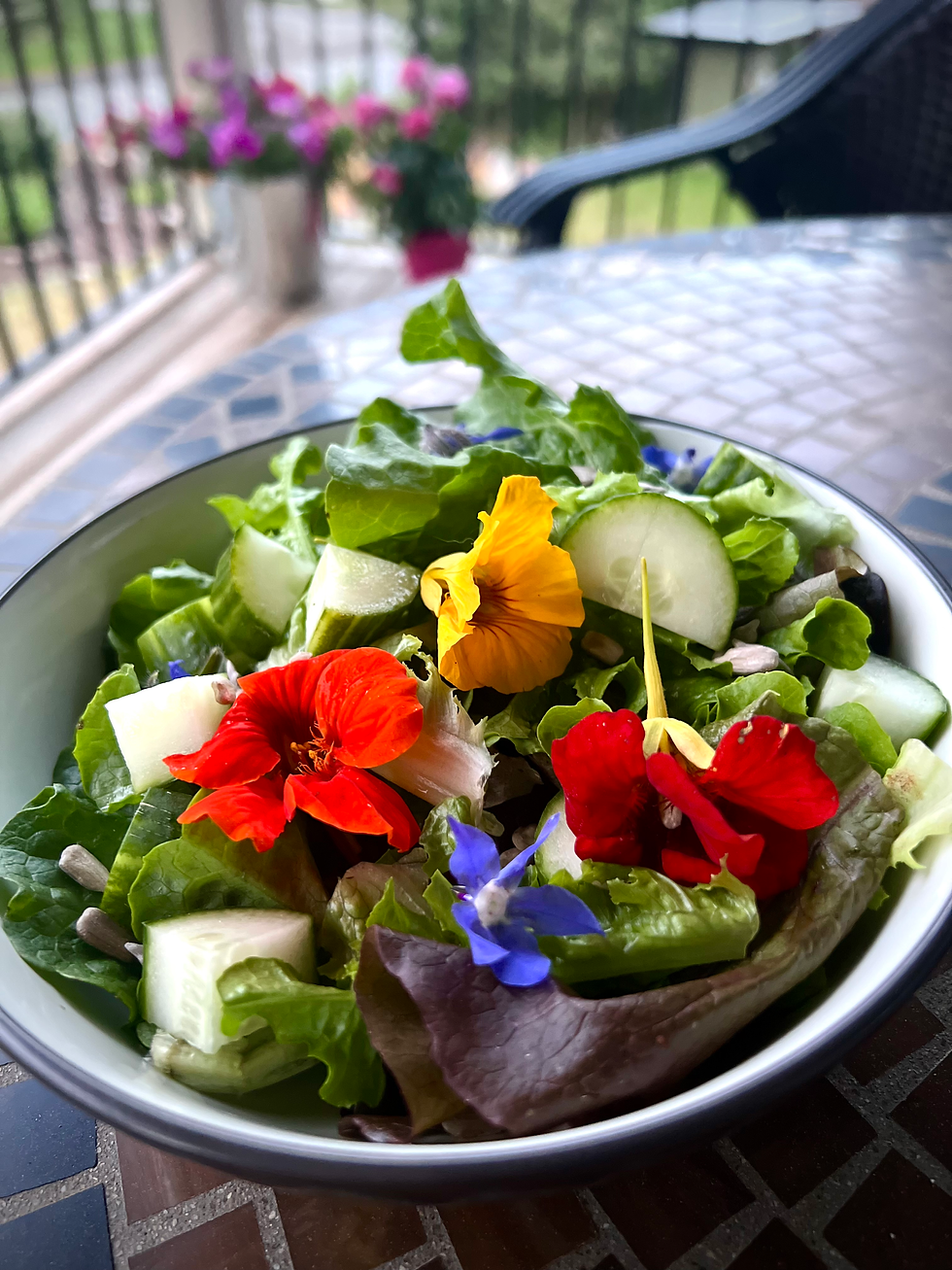 Salad with Borage and Nasturtium from my garden.