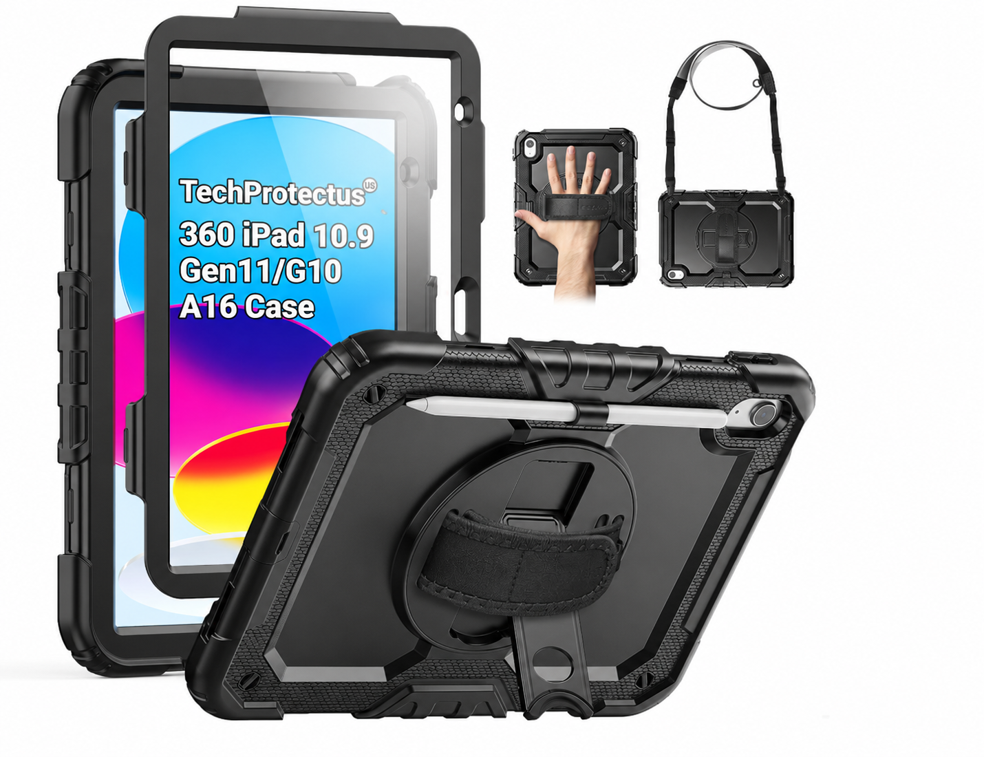 360° Rotatable Kickstand & Hand Strap Case for iPad 11th Gen (A16) /10th Gen