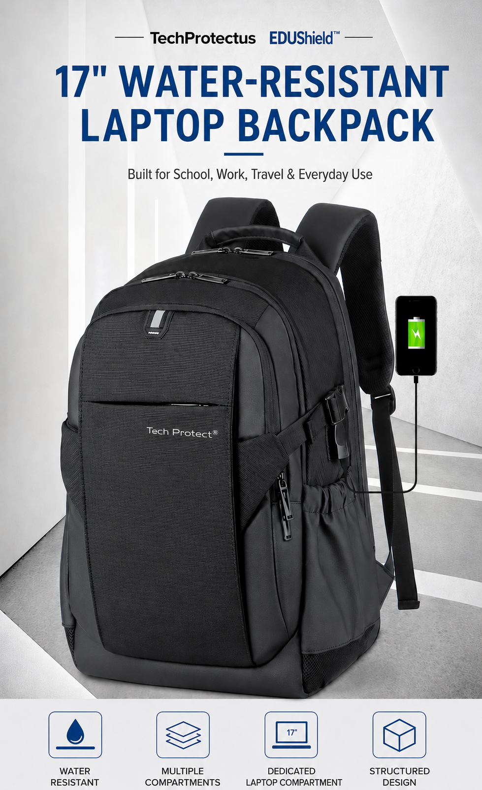 Thumbnail: TechProtectus EDUShield 17" Water-Resistant Laptop Backpack