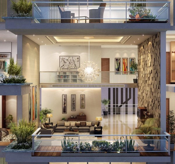 Interior modern, două etaje deschise. Living elegant cu canapea, artă pe pereți. Nivel superior cu mese și scaune, plante decorative. Luminos.