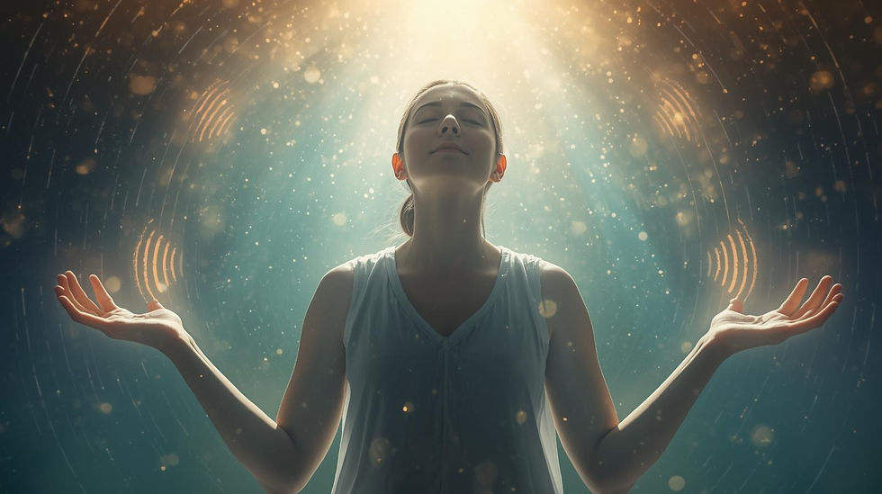 Woman meditating with open hands, light above, with guide on how to use 528 Hz frequency.