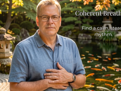 Man practicing coherent breathing with hand on chest in a tranquil Japanese garden with a koi pond, alongside the text 'Coherent Breathing: Find a calm, steady rhythm.