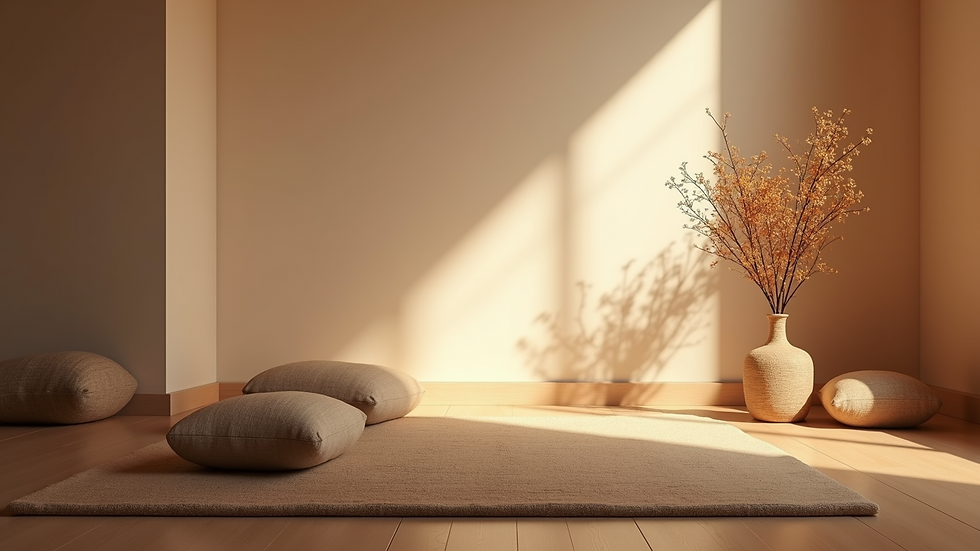 Eye-level view of a cozy meditation corner with cushions and soft lighting