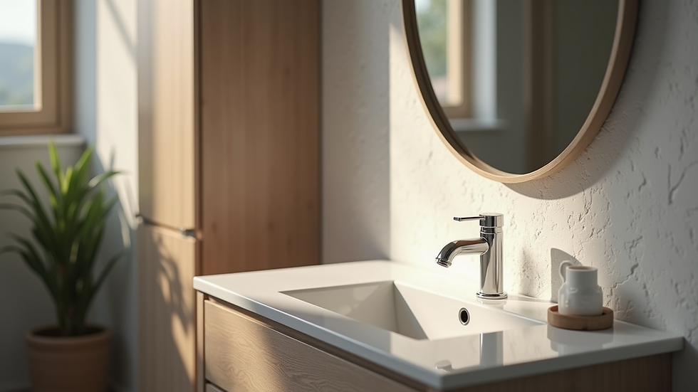 Close-up view of bathroom vanity with modern sink and mirror