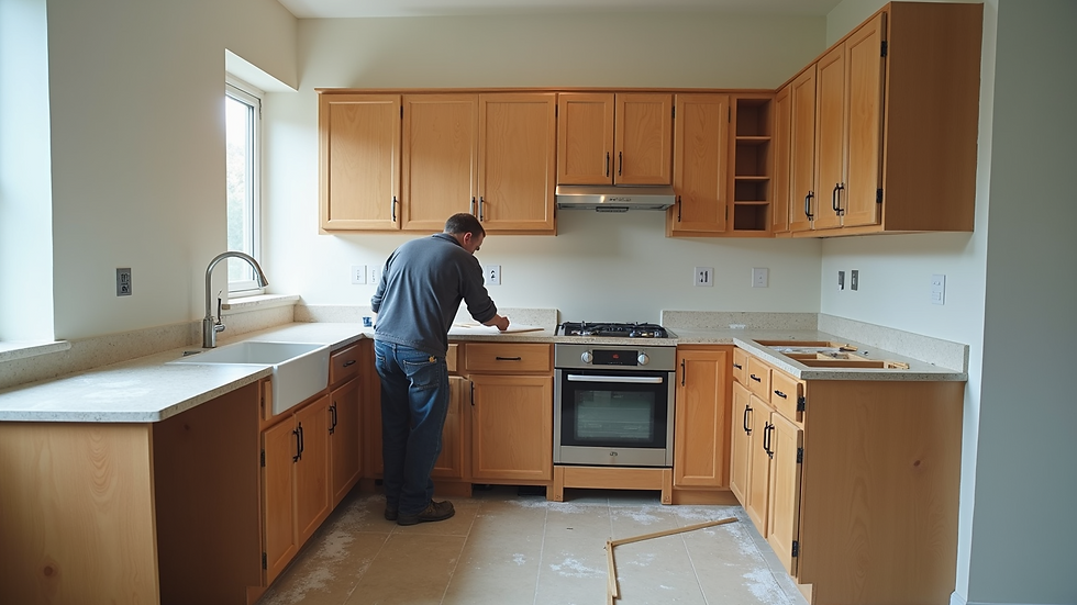 High angle view of kitchen renovation in progress with workers installing cabinets