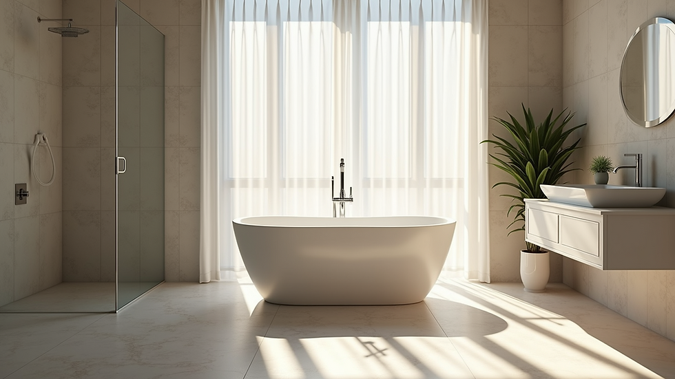 High angle view of bathroom with freestanding bathtub and tiled walls