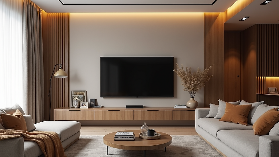 Wide angle view of a beautifully designed media wall in a cozy living room