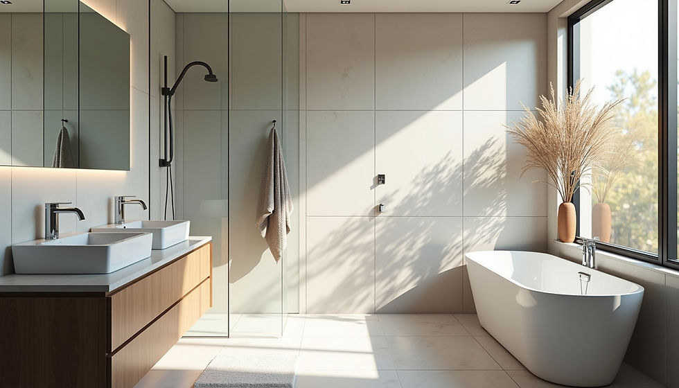 Wide angle view of a beautifully tiled bathroom showcasing modern features