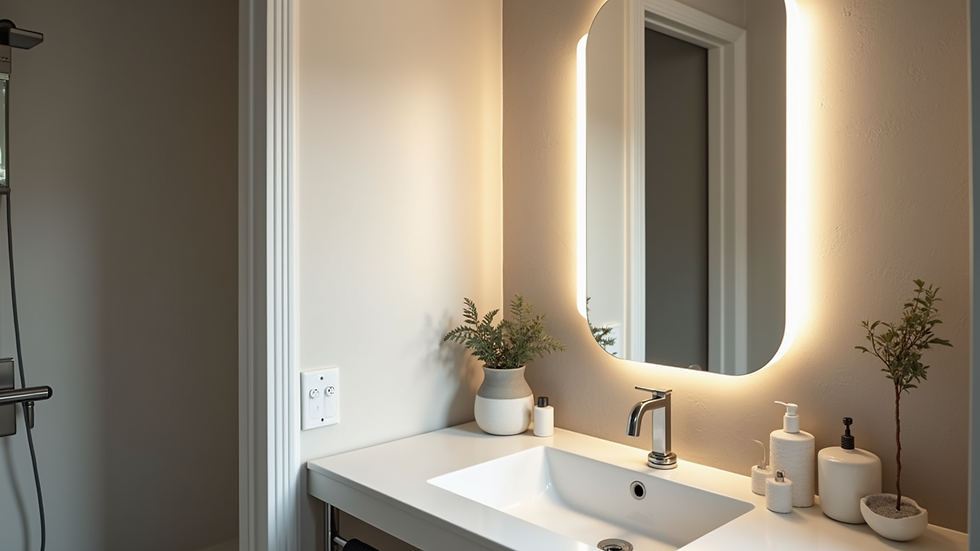 High angle view of a stylish smart mirror in a modern bathroom setting