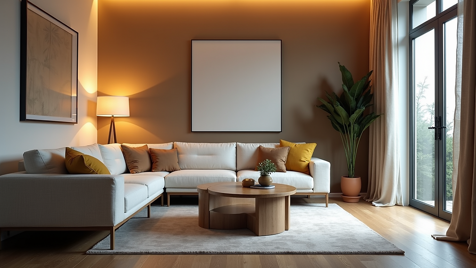 Eye-level view of a modern living room with stylish furniture and lighting
