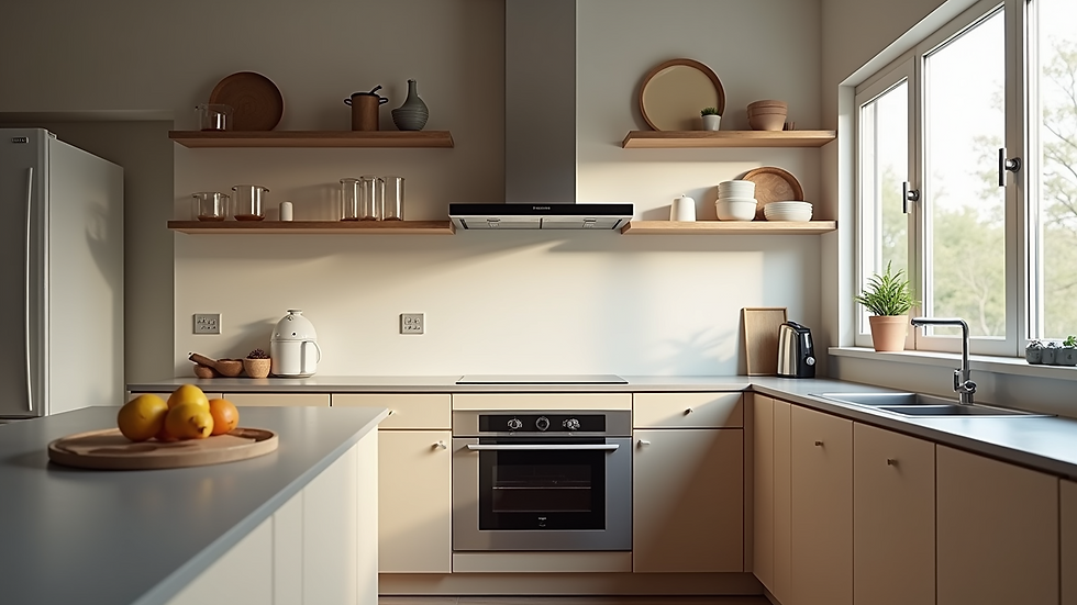 High angle view of a renovated kitchen with modern appliances and countertops