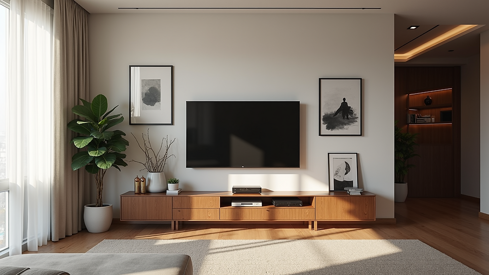 Eye-level view of a stylish media wall featuring art and electronic components