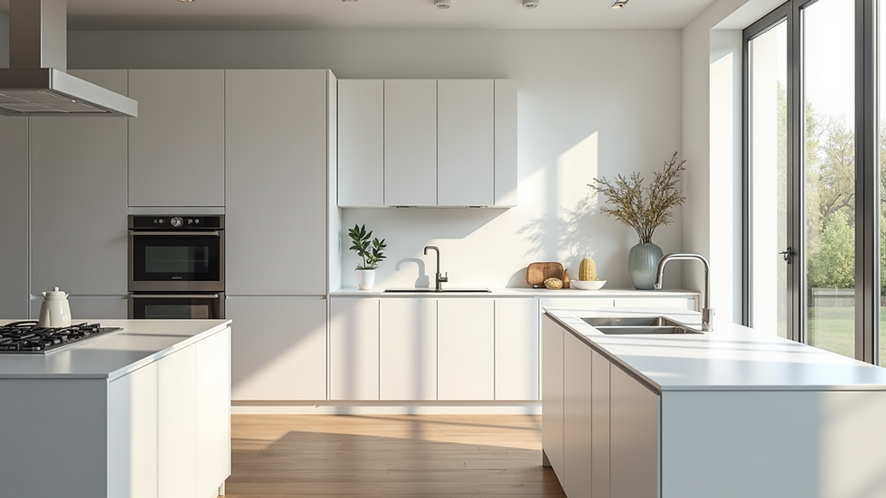 Eye-level view of modern kitchen with white cabinets and island