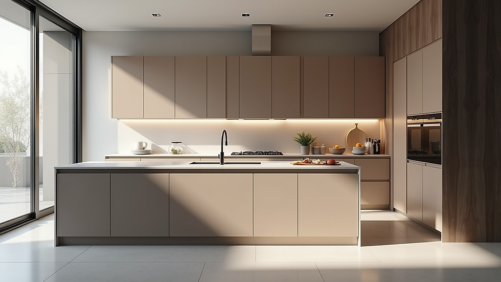 Eye-level view of modern kitchen with sleek cabinetry and island