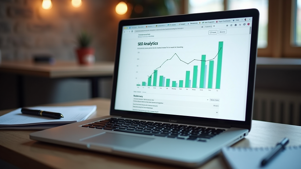 Eye-level view of a laptop displaying a blog with SEO analytics