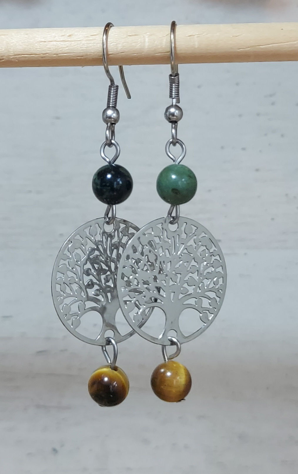 Boucles d'oreilles oeil de tigre et jaspe kambaba