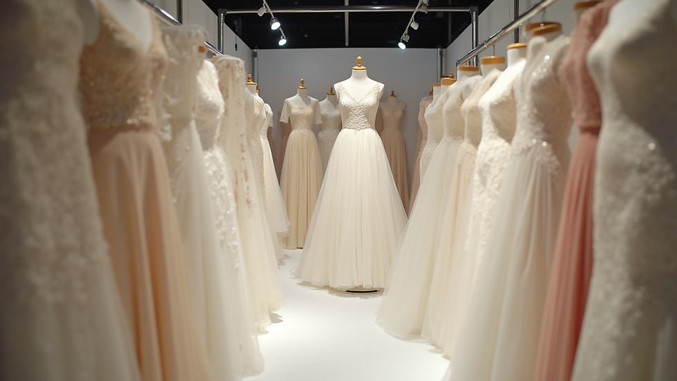 Eye-level view of a wedding dress display at a wedding fair