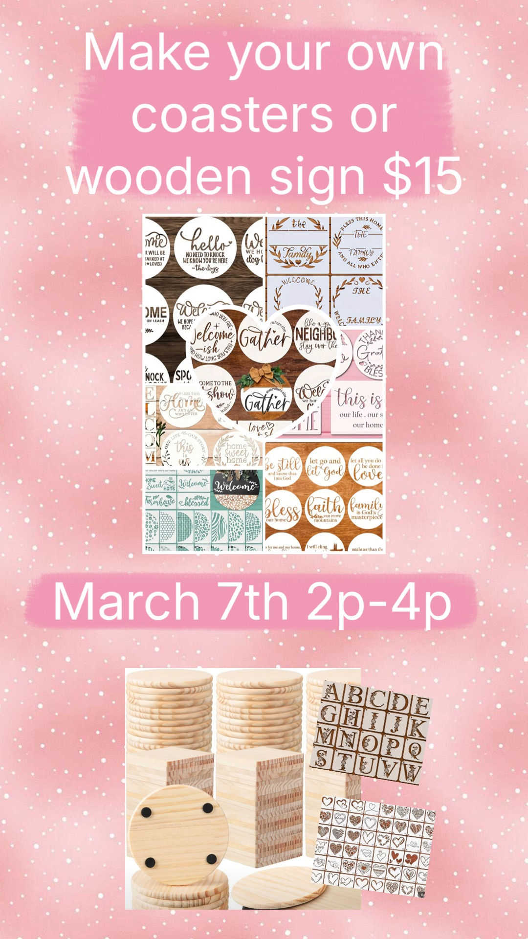 Masterpiece Craft event on March 7th from 2:00-4:00 p.m. is in a pink background showing coasters that will be made at the event along with a variety of stickers.