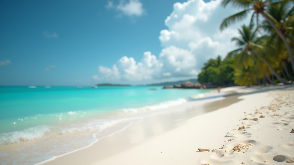 Eye-level view of a tropical beach with turquoise water and white sand