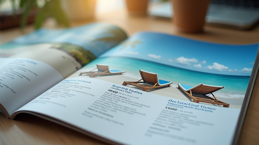 Close-up view of a travel brochure with vacation packages