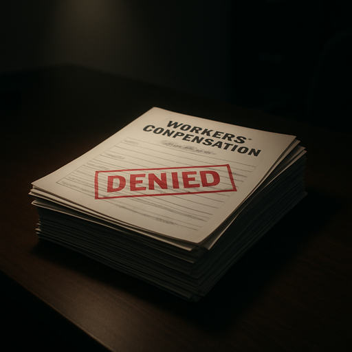 A stack of papers stamped "DENIED" with red ink in a dark office on top of a desk with a spotlight shining on the stack of paper.