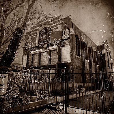 Sepia toned old photo image of the partially demolished 5th Ward Meeting House in Salt Lake City.