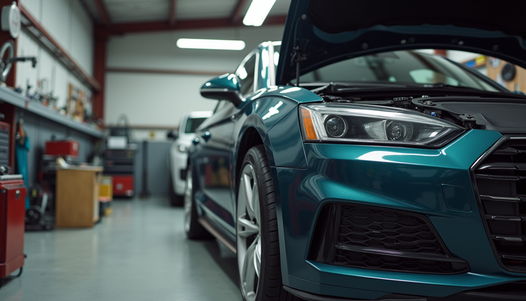 Eye-level view of a car hood and fender being installed in a garage workshop
