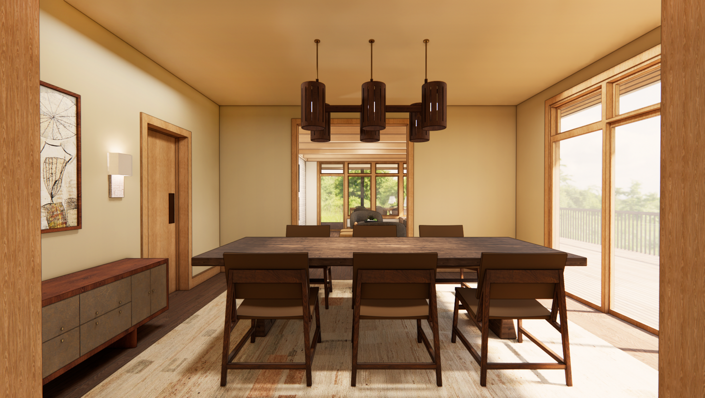 Midcentury-inspired dining room with wood dining table, sculptural lighting, and large windows.