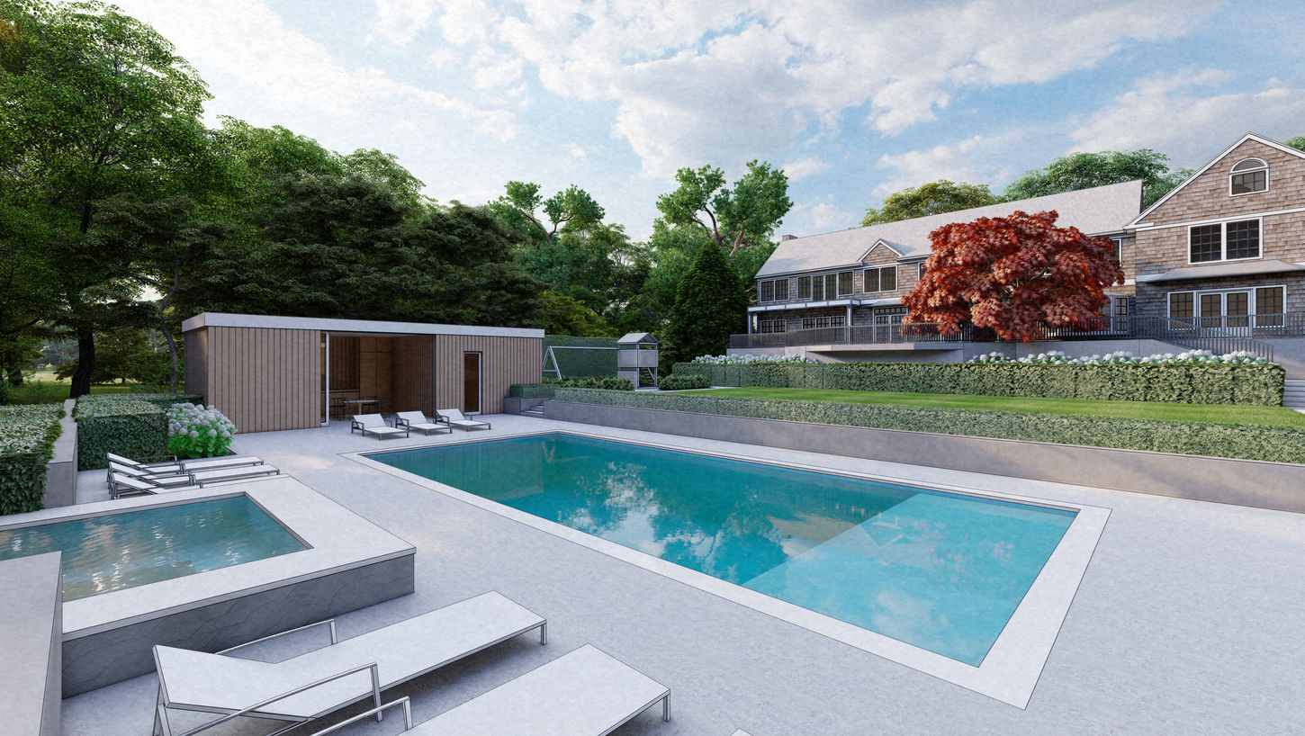 Modern wood-clad pool pavilion with lounge chairs and spa surrounded by hedges