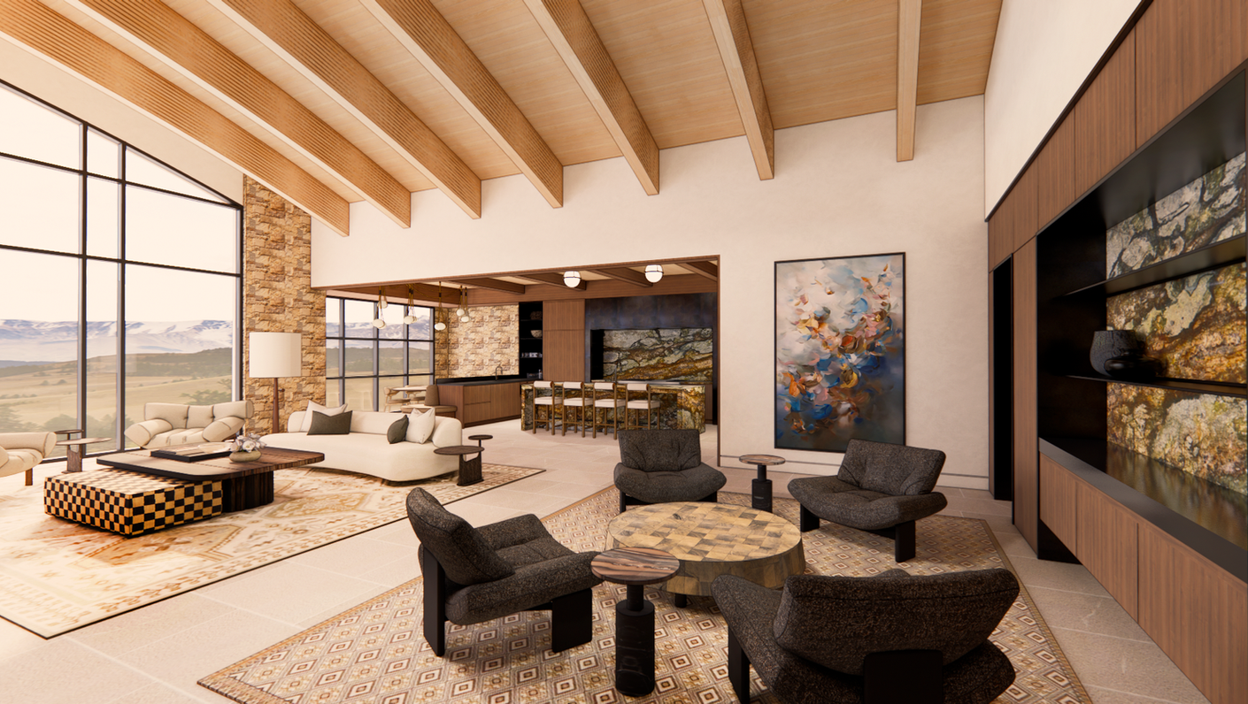 Large modern great room with vaulted ceilings, stone fireplace walls, contemporary furnishings, and expansive mountain and river views.