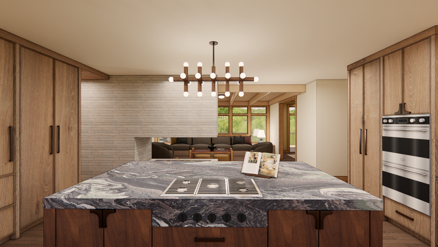 Open midcentury kitchen with large stone island, oak cabinetry, and white brick fireplace.