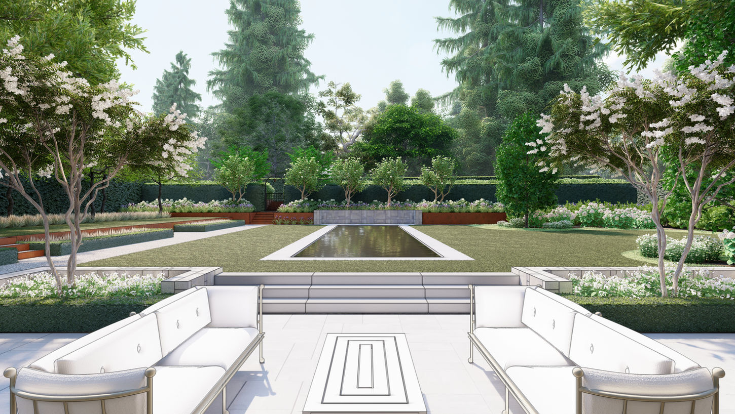 Formal garden and reflecting pool at Hem House featuring layered hedges, flowering trees, and landscaped terraces designed by JHL Design.