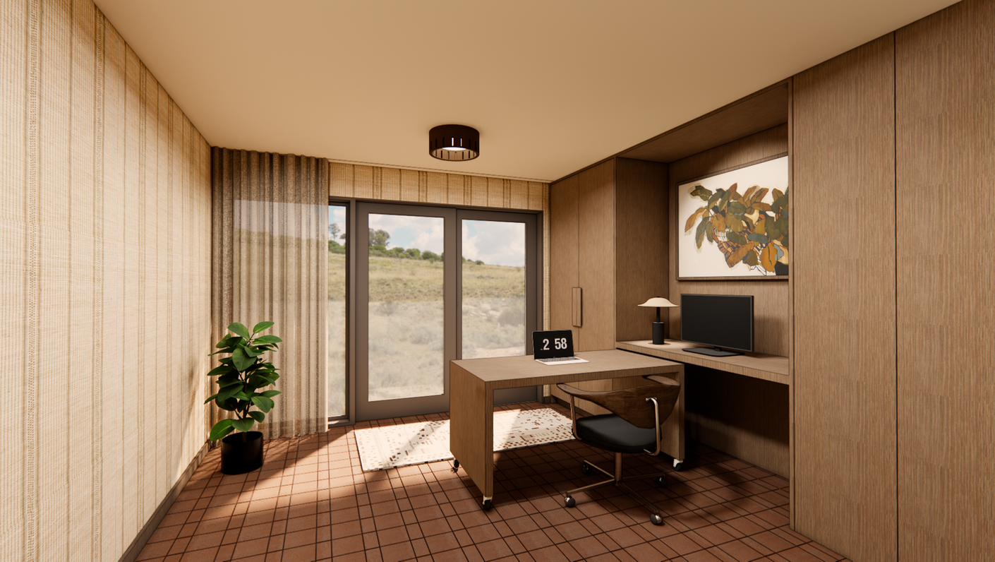 Modern home office with custom wood desk, built-in cabinetry, and floor-to-ceiling windows.