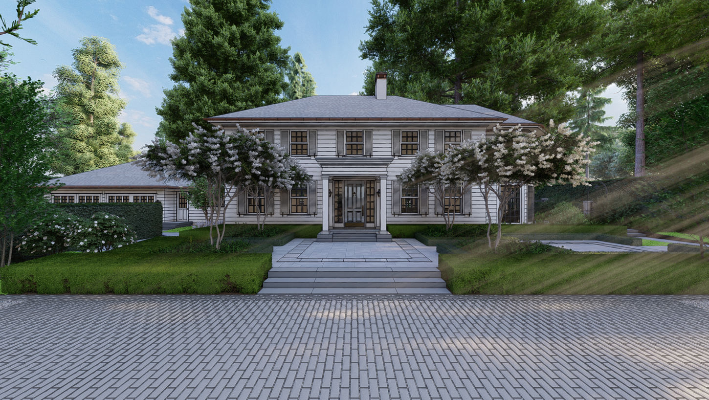 Front view of Hem House, a historic white two-story home in southwest Portland with symmetrical windows, shutters, manicured landscaping, and stone entry steps leading to a centered front porch.
