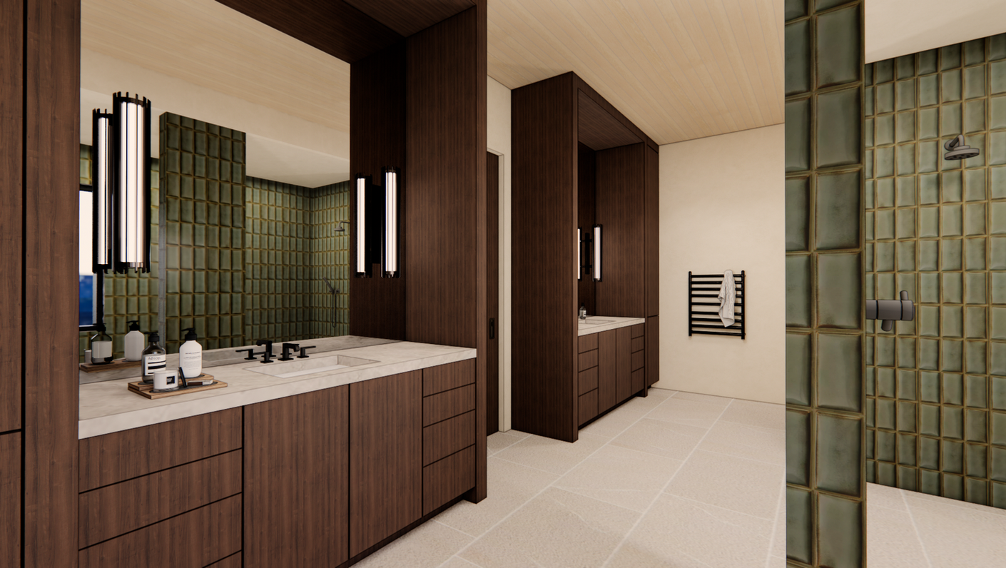 Contemporary bathroom with walnut vanity, green tiled shower walls, modern sconces, and stone countertops.