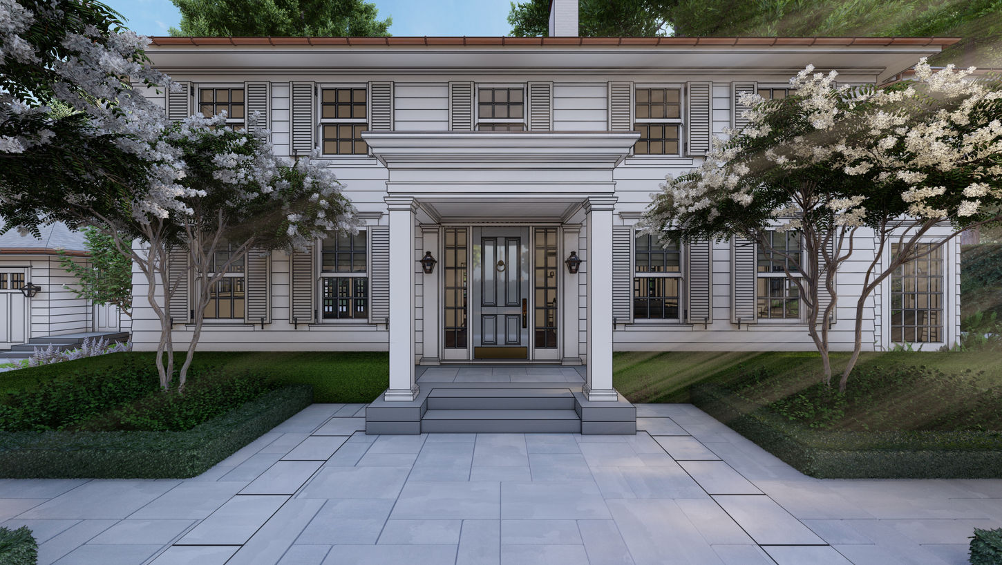 Close-up of Hem House entryway with white columns, double front doors, symmetrical windows with shutters, and flanking crepe myrtle trees.