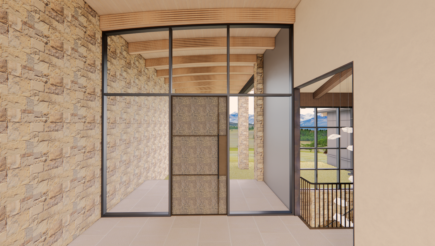 Modern front entry with steel-framed glass walls, oversized textured front door, and surrounding stone architecture.