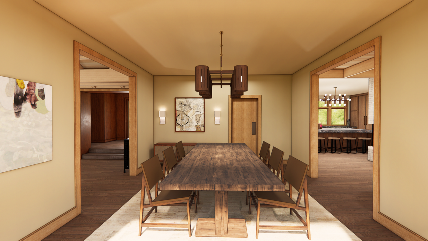 Dining room with wood furniture and framed openings connecting to kitchen and living spaces.